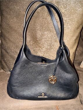 Michael Kors Black Pebbled Leather Shoulder Hobo with Gold Logo Charm
